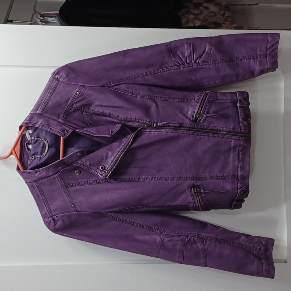 Purple Vegan Leather Biker Jacket Coat Small